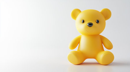 This adorable yellow teddy bear toy sits serenely on a smooth white surface, evoking feelings of joy and innocence. Perfect for childrens decor or playful imagery.の素材