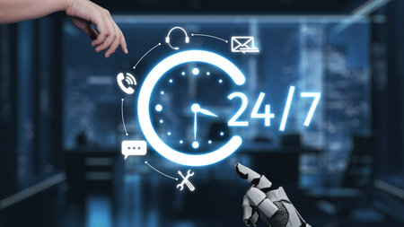 A striking image showcasing a futuristic concept of 24-hour availability with a digital clock and...
