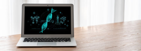 Medical science technology and futuristic healthcare virtual computer software analyze human health...