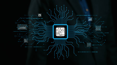 This captivating image features a microchip at the center of an intricate circuit design,...