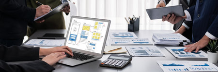 Panorama shot analyst team utilizing BI Fintech to analyze financial report with laptop....