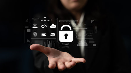 Digital cyber security lock system highlighting data security encryption, cyber password protection,...