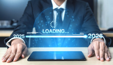 Visualizing the shift from 2025 to 2026. Progress bar symbolizing advancement, strategic foresight, yearly goal-setting, and business transformation for the upcoming year. Splineの写真素材