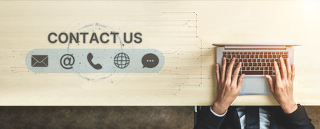 UI concept for contact us section showing icons for email, web, phone, and message. Contact and support icons help streamline business communication and improve customer contact experience. Splineの写真素材