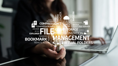 A professional woman holding a light bulb symbolizes innovation in file management, with various digital concepts around her, showcasing modern workspace efficiency and technology. Tesselの写真素材