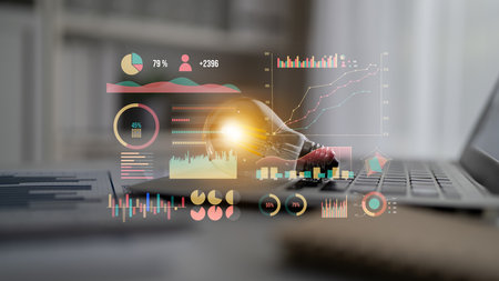 Modern data analysis concept showing light bulb and graphs on laptop. This image represents innovative technology, business insights, and digital transformation. Imputeの写真素材