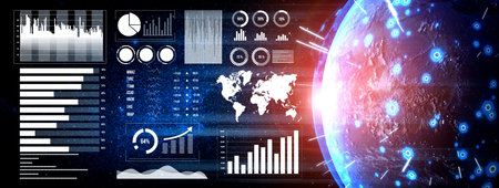 Explore a captivating digital scene featuring data visualization elements, including world maps,...