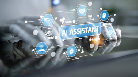 This image depicts a modern AI assistant interface showcasing various digital icons. It illustrates the convergence of technology, automation, and user interaction in today digital landscape. Tesselの写真素材