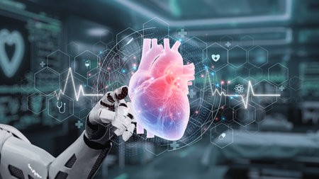 Close up of robotic hand pointing and tapping at heart hologram with blur laboratory background....