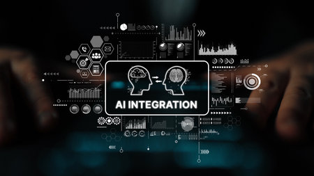 Abstract representation of artificial intelligence integration with digital data analytics visuals...