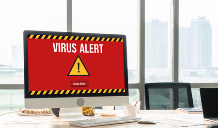 Virus warning alert on computer screen detected modish cyber threat , hacker, computer virus and malwareの写真素材