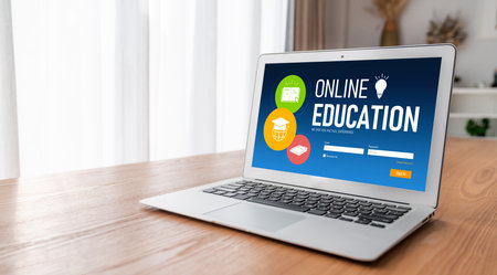 E-learning website with modish sofware for student to study online on the internet networkの写真素材