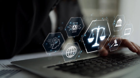 Futuristic digital law interface displaying justice scale, highlighting digital law, AI compliance,...