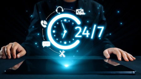 Digital illustration showcasing a clock symbolizing 24 hour service availability with various communication icons and hands placed on a sleek tablet in a modern business setting. Qubitの写真素材