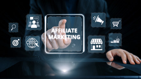 Affiliate marketing connects brands and marketers. Marketing through affiliate links drives sales. Affiliate programs reward. Digital marketing and affiliate strategies boost online revenue. Elideの写真素材