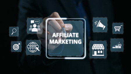 Affiliate marketing connects brands and marketers. Marketing through affiliate links drives sales. Affiliate programs reward. Digital marketing and affiliate strategies boost online revenue. Elideの写真素材