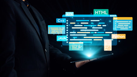 A businessman stands with a tablet showcasing a vibrant digital interface filled with programming...