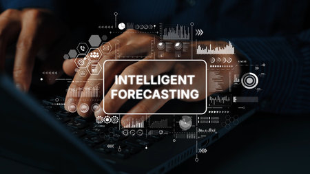 Hands Typing on Keyboard with Digital Data Visualization for Intelligent Forecasting Concept in...