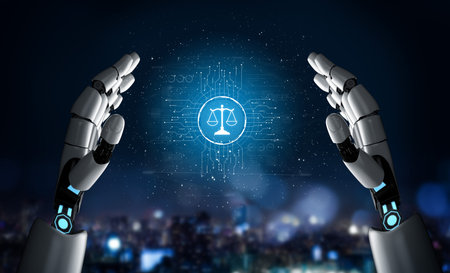 AI regulates digital law through compliance dashboards, justice-oriented tools, and secure automation for ethical governance and technology policy alignment. Artificial intelligence splineの写真素材