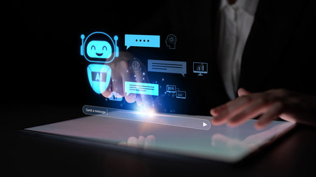 AI chatbot improves virtual assistant interaction. AI chatbot processes text, supports users, AI chatbot automates replies, and AI chatbot enables smart messaging.の写真素材