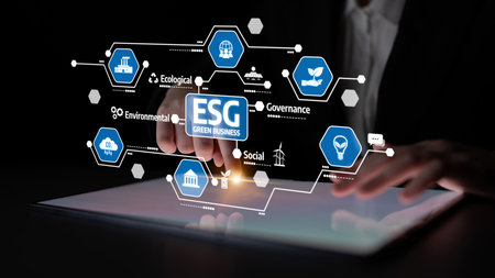 Conceptual image illustrating the importance of ESG criteria in business practices, showcasing icons...