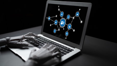 A conceptual representation showcasing the intersection of artificial intelligence and human interaction through a laptop displaying social media connections against a dark backdrop. Tesselの写真素材