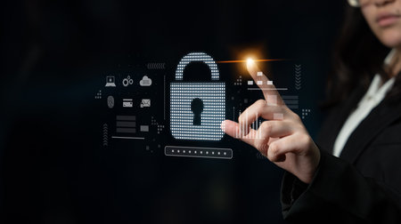 Cybersecurity protection system showing password encryption, fingerprint ID, cloud security, email,...