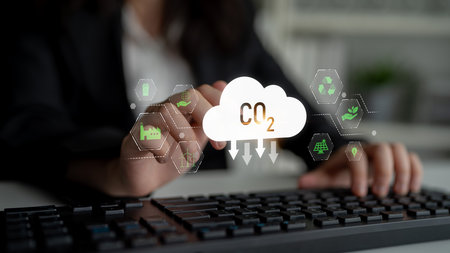 Carbon footprint reduction is vital for sustainability. Carbon footprint strategies include renewable energy, recycling, and carbon footprint management.の写真素材