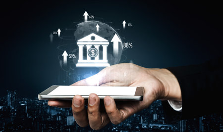 Digital banking innovation integrates finance and technology to enhance online banking, mobile services, and fintech for seamless financial experiences. Vouchの写真素材