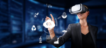 A professional using virtual reality technology to visualize and tackle emission challenges. This...