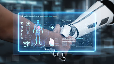 Close up of robot hand and human hand shaking hand with human anatomy hologram. AI and human working together or making agreement with x ray holographic floating with blurring laboratory. Salubrious.の写真素材