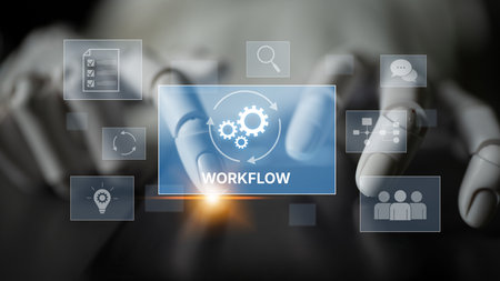 AI streamlines business workflows by automating repetitive tasks, enhancing team coordination, and optimizing structured processes for greater operational efficiencyの写真素材