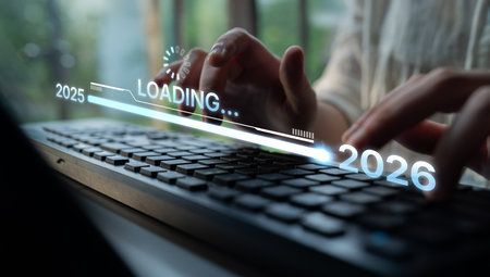 Visualizing the shift from 2025 to 2026. Progress bar symbolizing advancement, strategic foresight,...