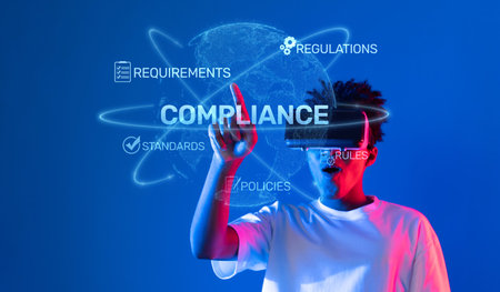 This stock photo illustrates the concept of compliance in a virtual reality setting, highlighting important regulations, standards, and rules that govern modern law.の写真素材