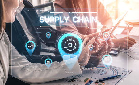 Supply chain processes with data-driven logistics, transportation, and distribution. enhances operations. Supply chain improves efficiency. Supply chain integrates logistics and delivery. Splineの写真素材
