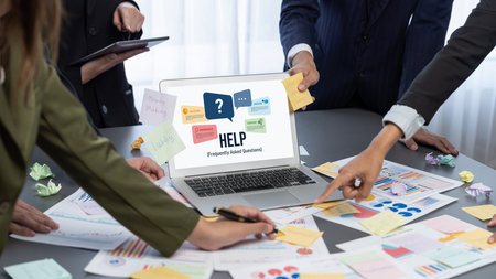 Analyst team use sticky note for creative and analytic brainstorm for business idea with BI data dashboard on laptop screen. Analysis financial data visualization tech for marketing strategy.の写真素材