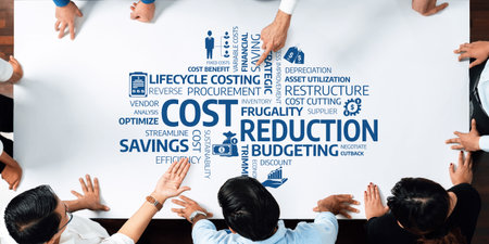 Professionals collaborate around a table discussing cost reduction and budgeting, emphasizing...