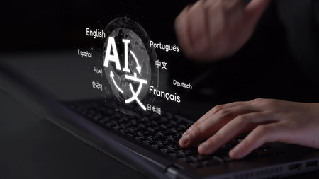 Global communication with multiple languages, digital translation tools, multilingual technology, cross-cultural communication, and virtual language learning environments. Muxerの写真素材