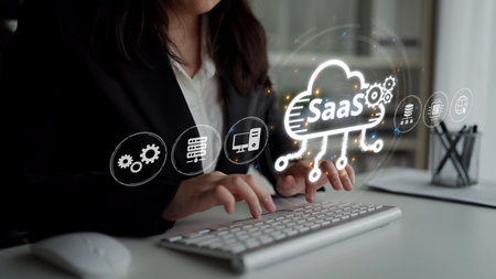 Visual representation of SaaS showing infrastructure, SaaS deployment, SaaS platform features, and SaaS integration model in digital environment. Muxerの写真素材