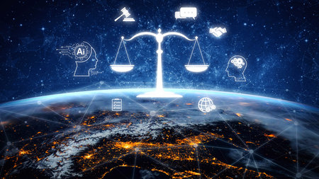 AI is transforming society, raising important ethics questions. Ethics in AI design ensures fairness. AI ethics promote responsible decisions. Balancing AI power with strong ethics is essential.の写真素材