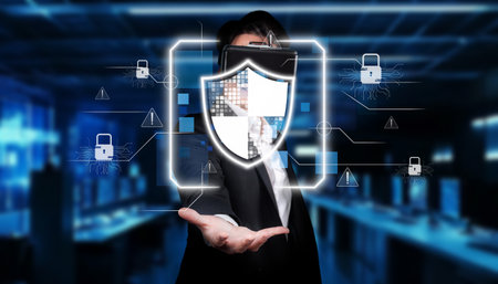 A professional measures data security with a digital shield to protect online information and...