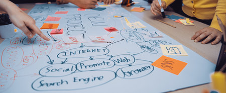 A diverse group of individuals collaborates on an internet project using colorful sticky notes and diagrams on a large sheet of paper to visualize ideas and strategies.の写真素材