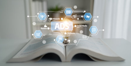 An open book with a glowing light bulb symbolizes innovative ideas in advertising, showcasing...