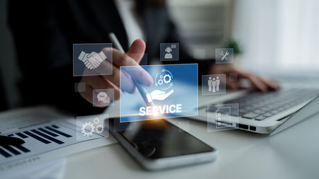 Customer service and support workflow with cooperation, communication, maintenance, and checklist icons for efficient service operation and user satisfactionの写真素材