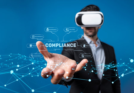 A businessman engages with a virtual reality headset, exploring compliance rules and regulations in a corporate setting, emphasizing quality management and corporate governance.の写真素材
