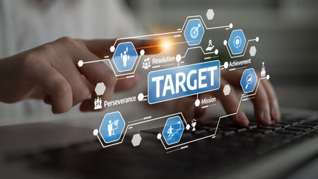 Visualize a focused approach to achieving business goals with digital icons illustrating...
