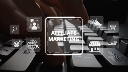 Affiliate marketing connects brands and marketers. Marketing through affiliate links drives sales. Affiliate programs reward. Digital marketing and affiliate strategies boost online revenue. Muxerの写真素材