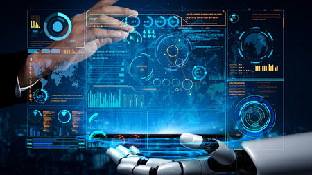 AI artificial intelligence drives data analytics with predictive models, smart dashboards, and...