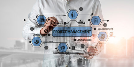 A professional concept illustrating project management with digital technology interface, enhancing efficiency and communication in a modern business environment. Tesselの写真素材