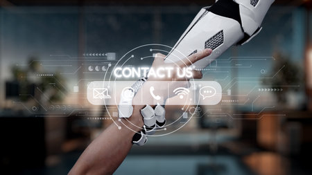 A close-up view of a robotic hand reaching out, showcasing a digital interface with contact symbols....